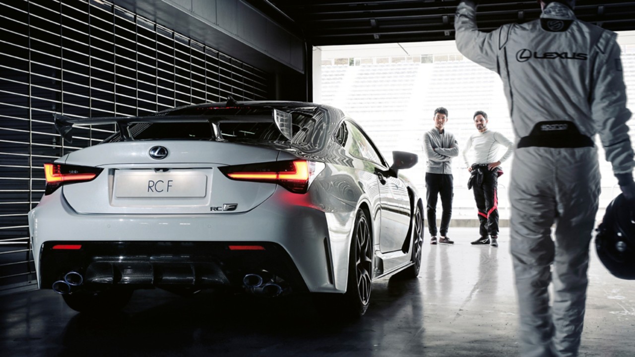 Lexus RC-F parked in a race garage