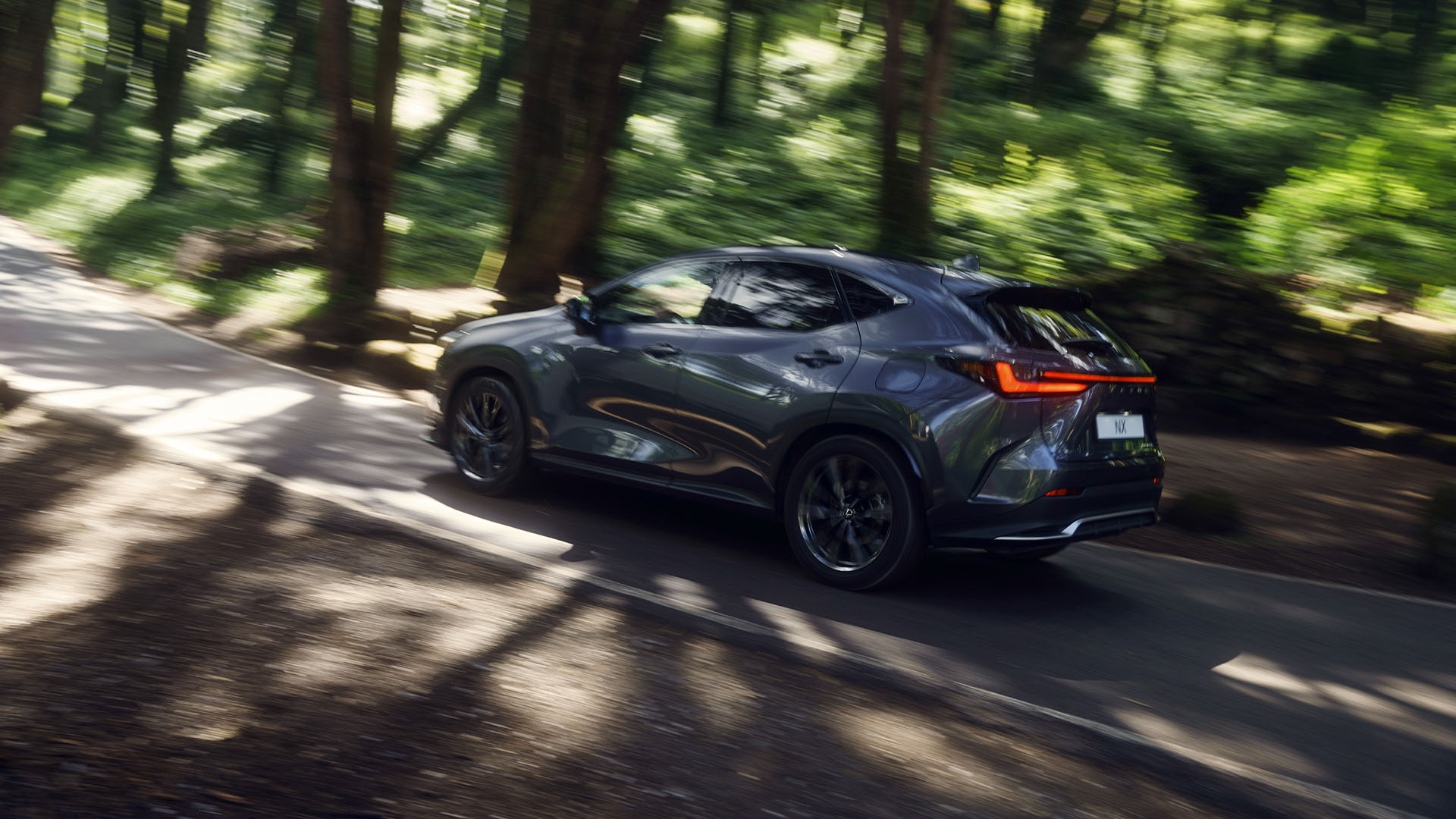 A Lexus NX driving through a forest